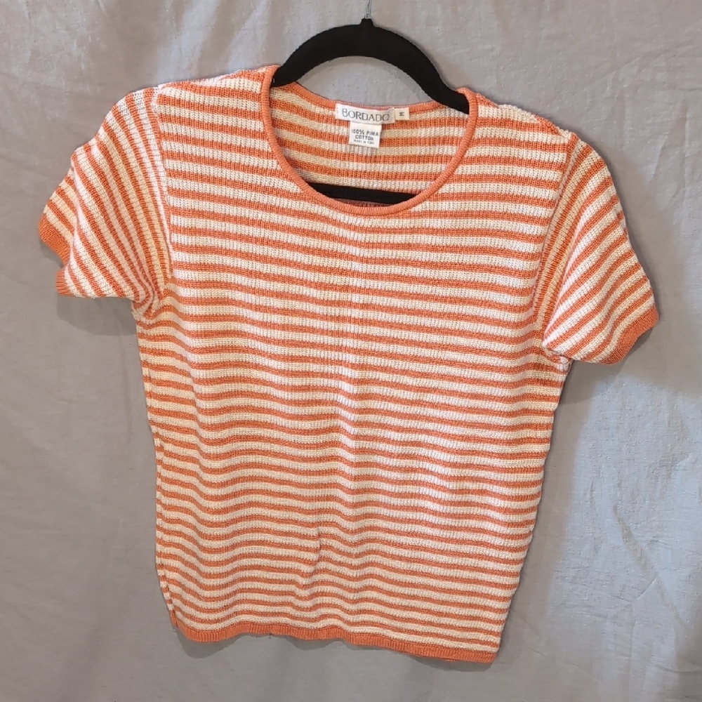 Orange and White Striped 100% Cotton Knit Short Sleeve Top